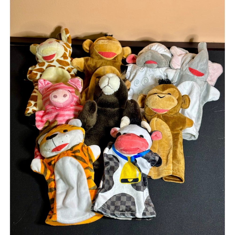 9 Kids Plush Hand Puppets Lot Farm Zoo Animals Preschool Pretend